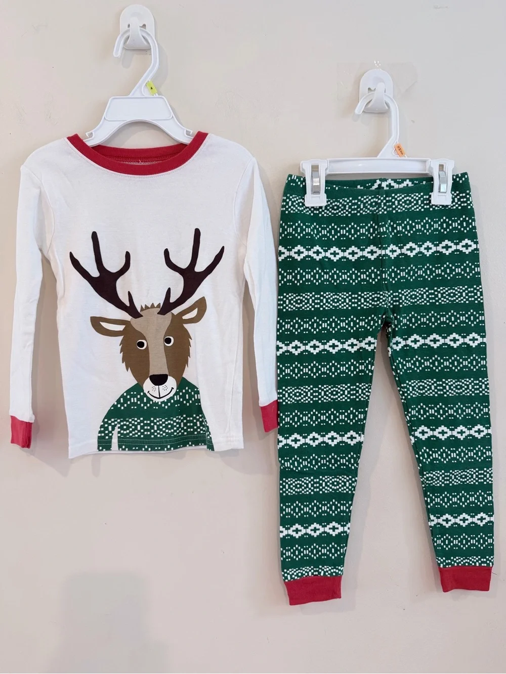 Carter's White & Green Reindeer Pajama Set with Red Trim